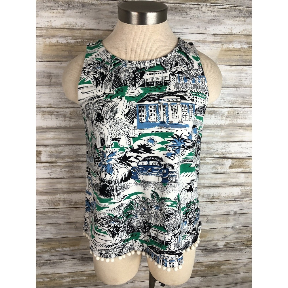 ANN TAYLOR FACTORY Top Shirt Palm Trees  Knit Sleeveless Stretch Small